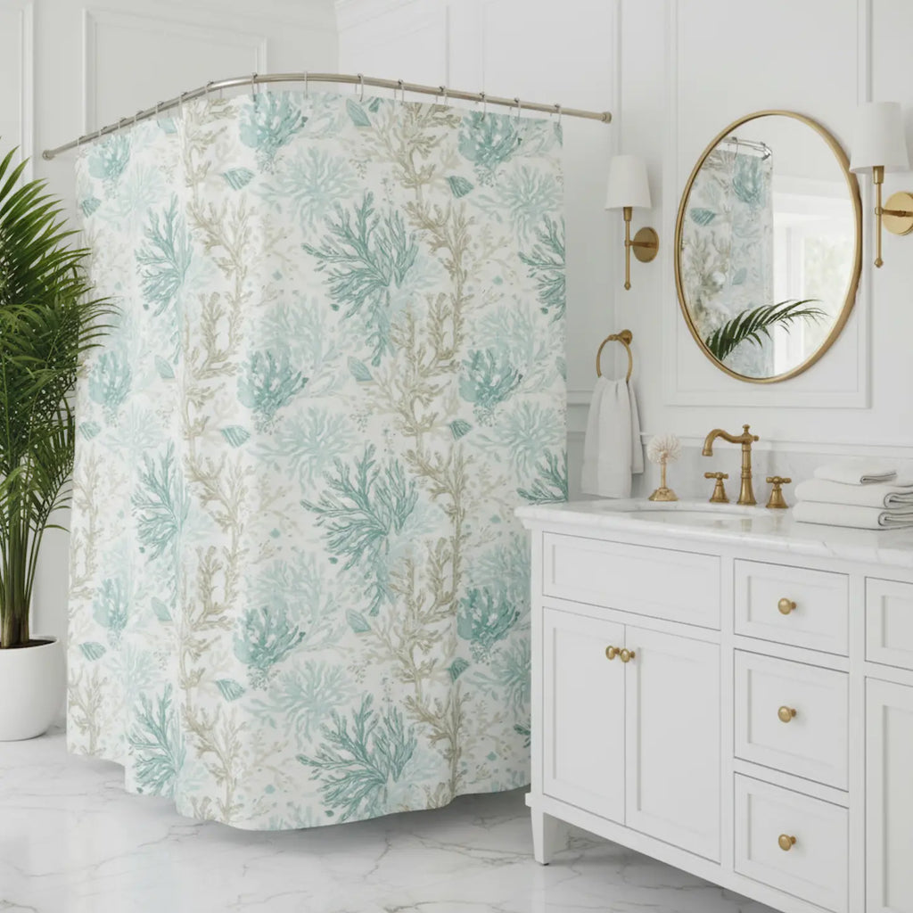 Light Aqua Coral Reef Shower Curtain featuring teal, aqua and sandy coral reef pattern in a coastal bathroom.