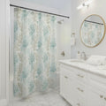 Light Aqua Coral Reef Shower Curtain with teal, aqua, and sandy coral pattern in a bright bathroom.