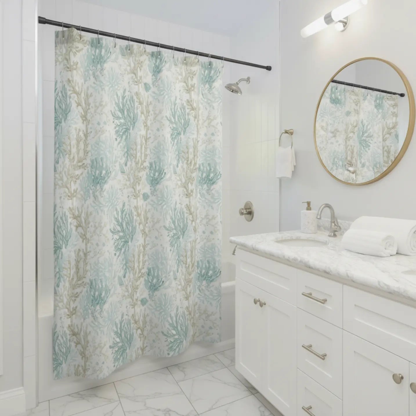 Light Aqua Coral Reef Shower Curtain with teal, aqua, and sandy coral pattern in a bright bathroom.