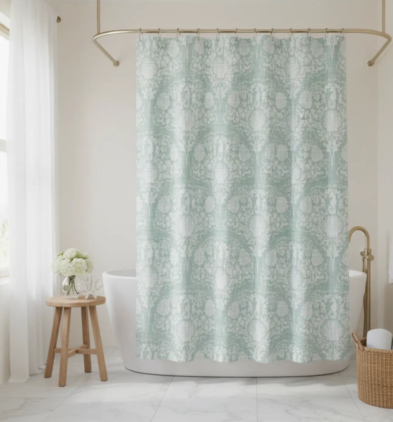 Coastal Crest Shower Curtain in seafoam green with faded damask pattern, vintage coastal cottage bath decor.
