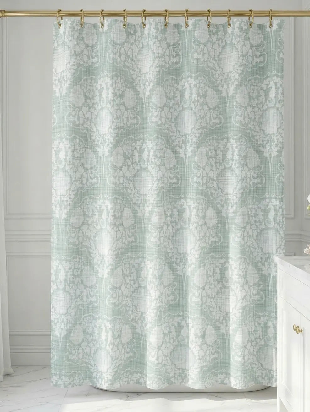 Coastal Crest Shower Curtain in seafoam green damask, vintage coastal-cottage vibe softening tiles and chrome fixtures.