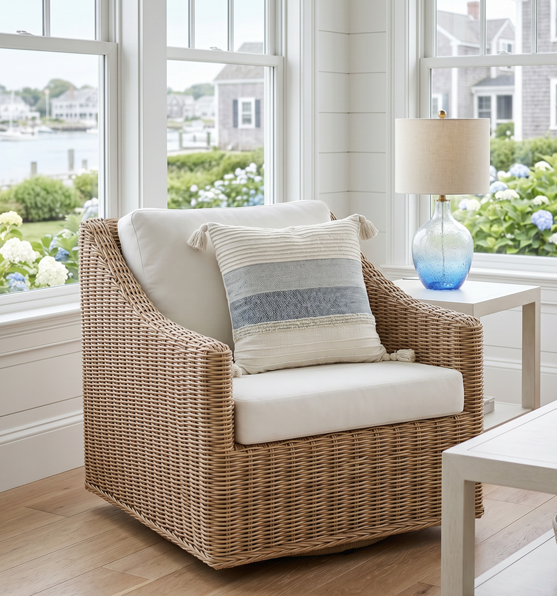 Coastal blue pillows styled on a linen sofa in a sunlit Newburyport living room