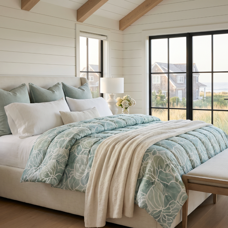 Coastal bedroom with layered quilt and throw on white paneled walls