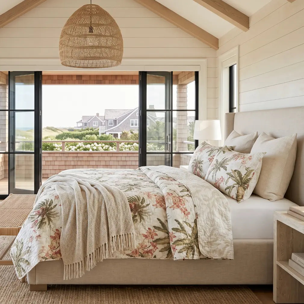 Coastal Palm Escape Reversible Quilt Set – King Cotton 3 Piece  Bedroom > Quilts & Blankets