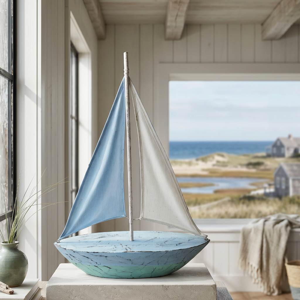 Blue & White Wooden Sailboat