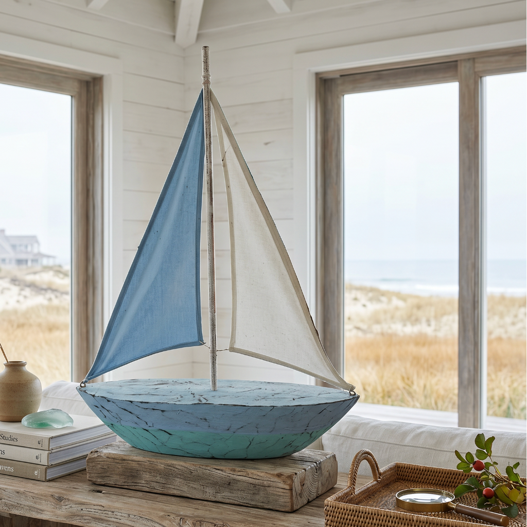 Blue & White Wooden Sailboat