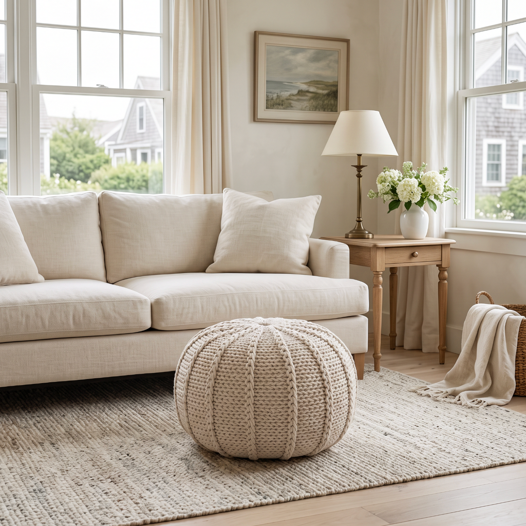 Bordeaux Knitted Round Pouf Ottoman And Floor Cushion  Accent Poufs