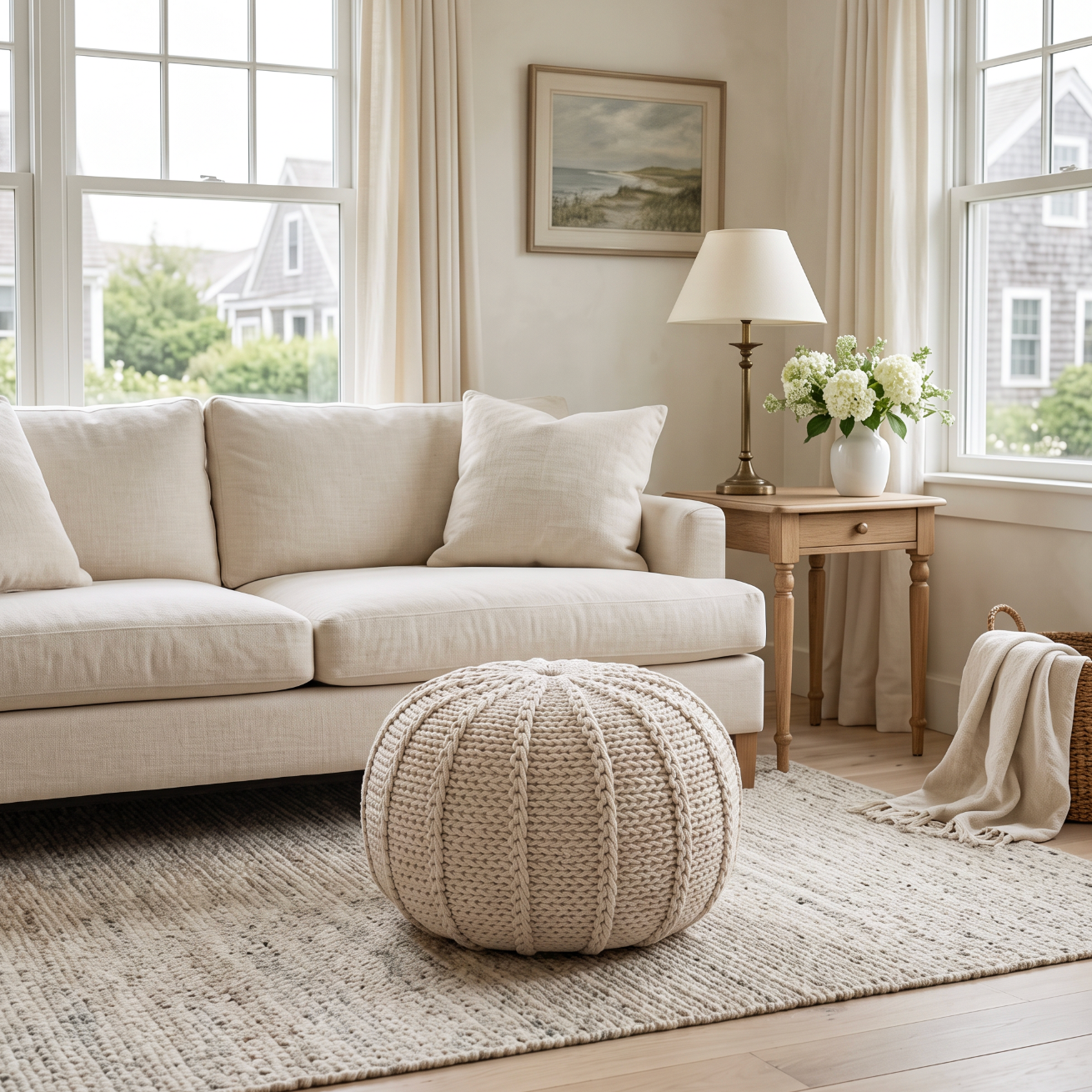 Bordeaux Knitted Round Pouf Ottoman And Floor Cushion  Accent Poufs