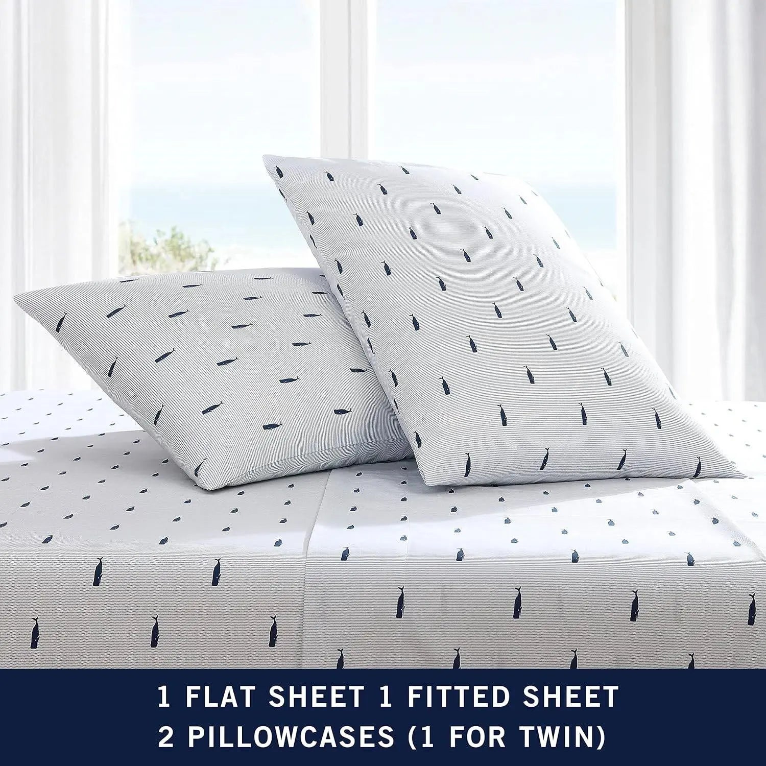 Twin XL size Coastal Beach 100-Percent Cotton Navy Blue White Stripe Sheet Set  Bedroom > Sheets and Sheet Sets