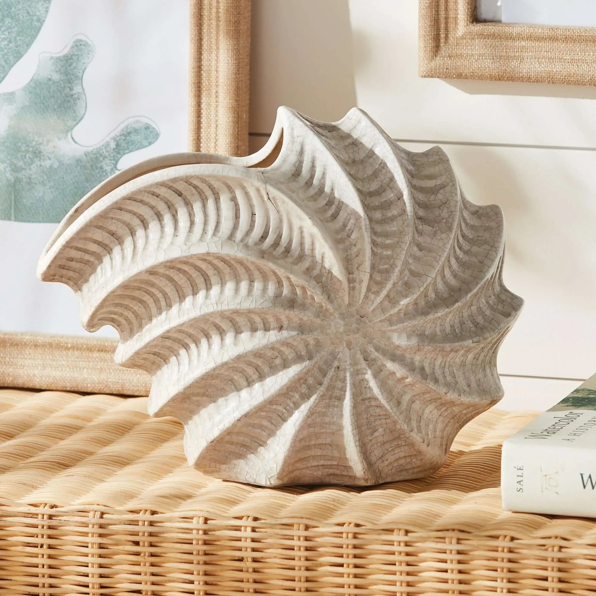 Vintage Coastal Shell Vase with Crackle Glaze Vintage Shopper