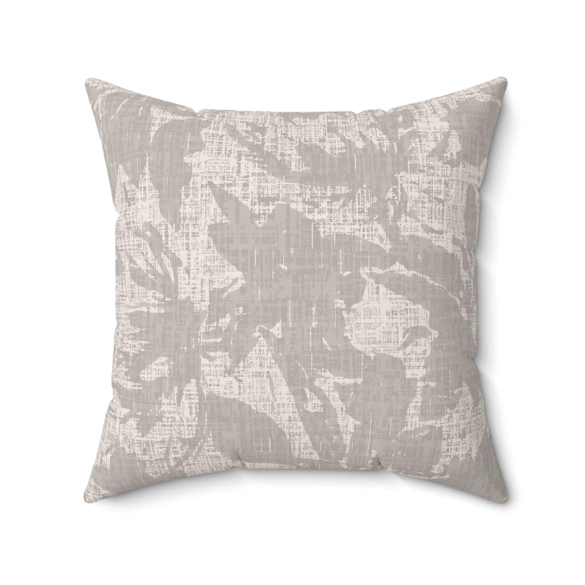 Stoneleaf Throw Pillow with a neutral abstract leaf pattern on a square decorative cushion.