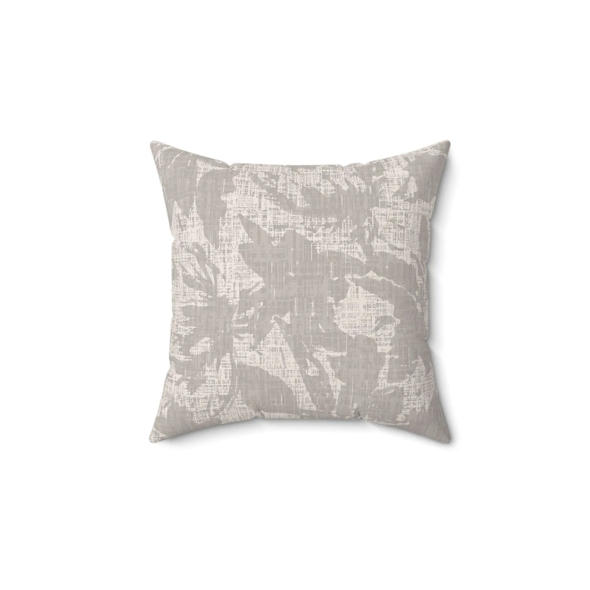 Stoneleaf Throw Pillow with neutral abstract leaf pattern on a square decorative cushion.