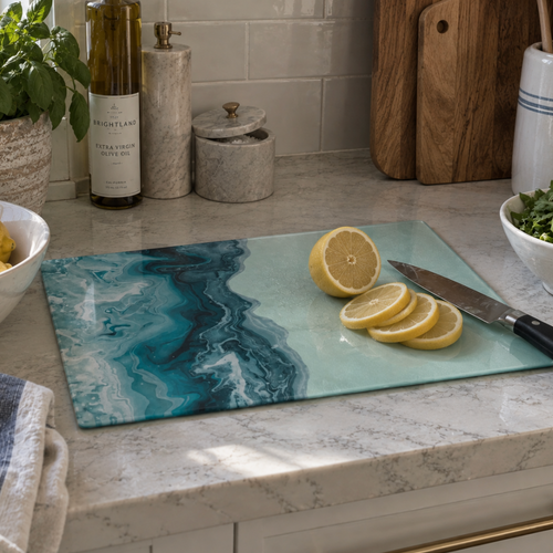 Abstract ocean wave cutting board for a beach house kitchen