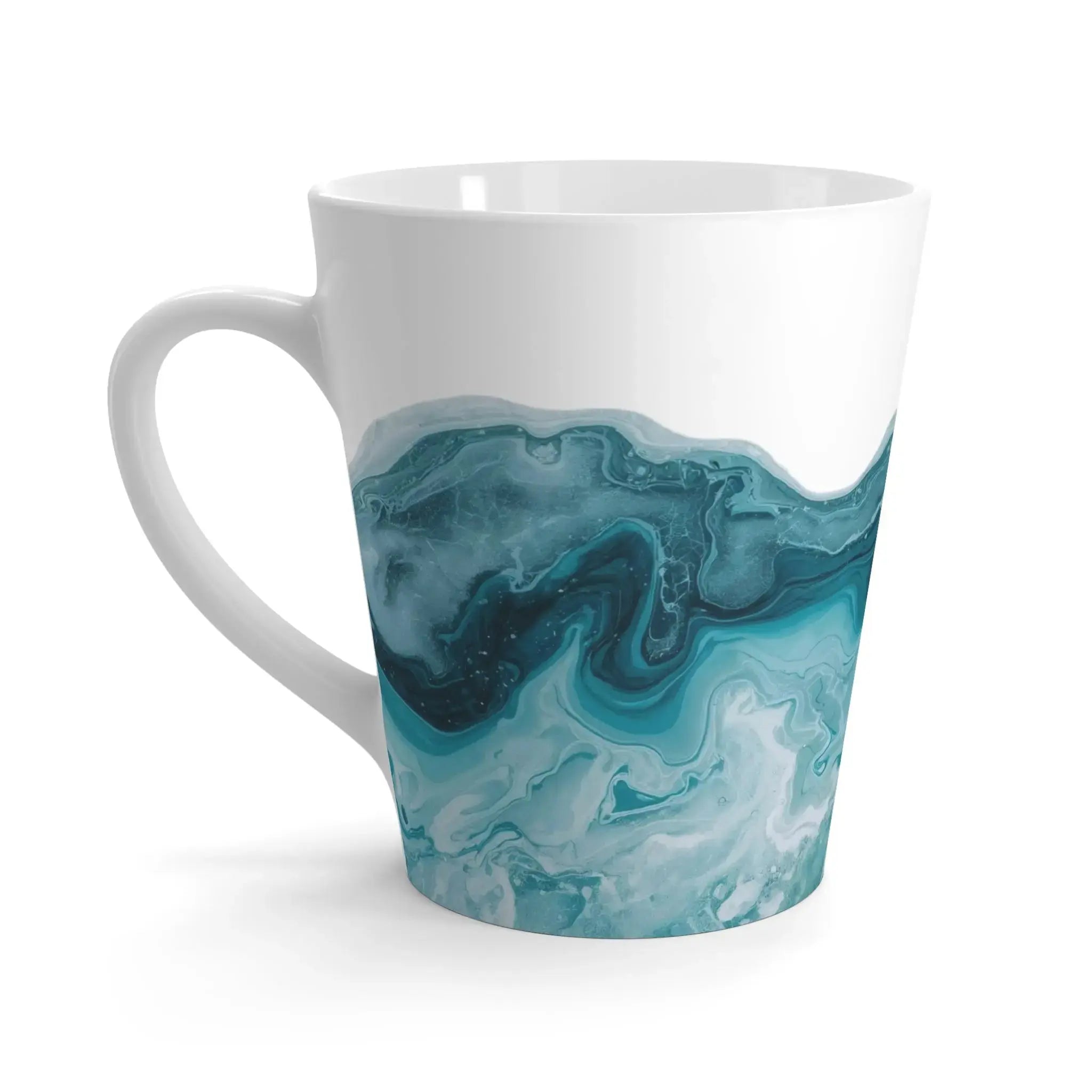 Side view of abstract wave latte mug showing curved handle.