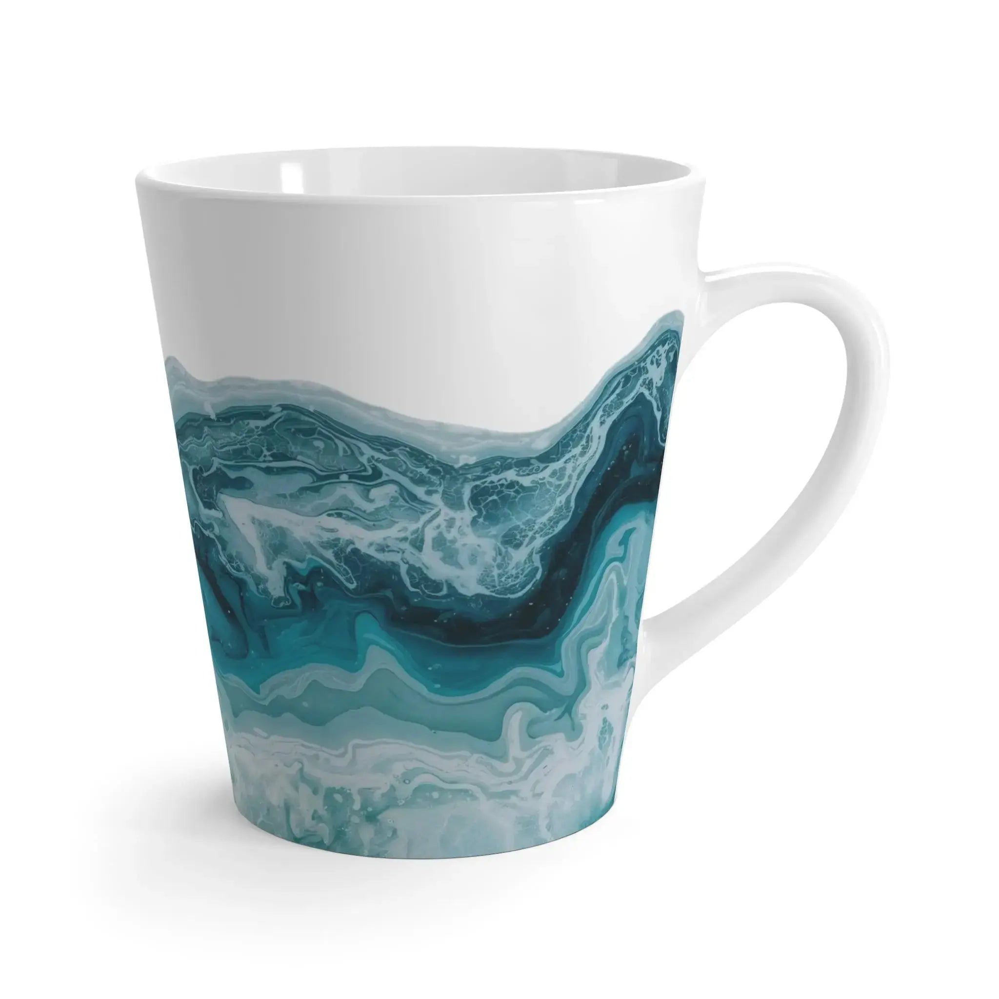 Abstract wave latte mug with modern blue and white pattern