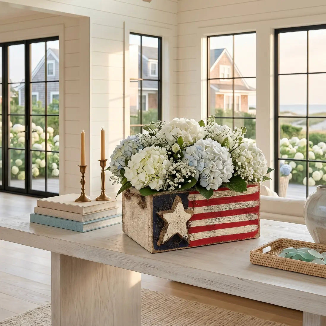 Americana flag storage and flower box styled as patriotic coastal decor.
