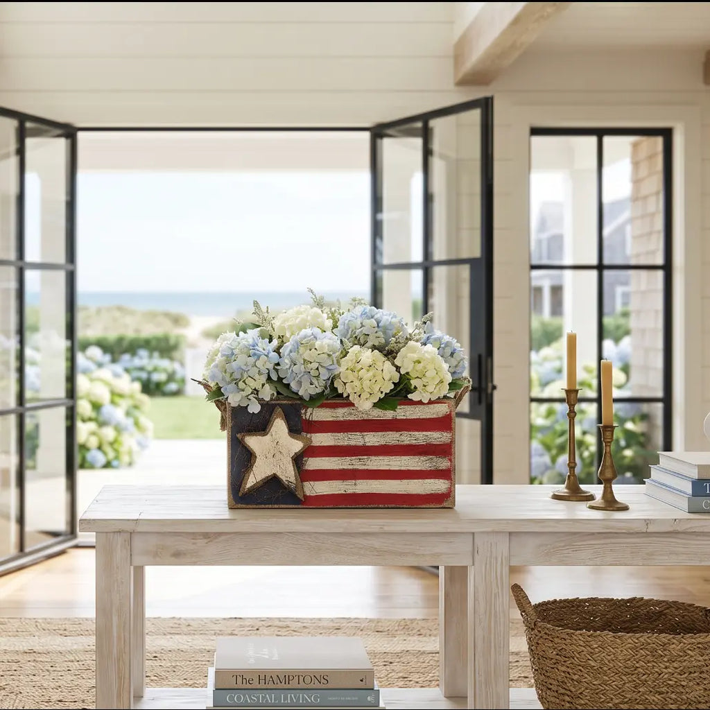 American flag storage box styled as Americana decor on a shelf