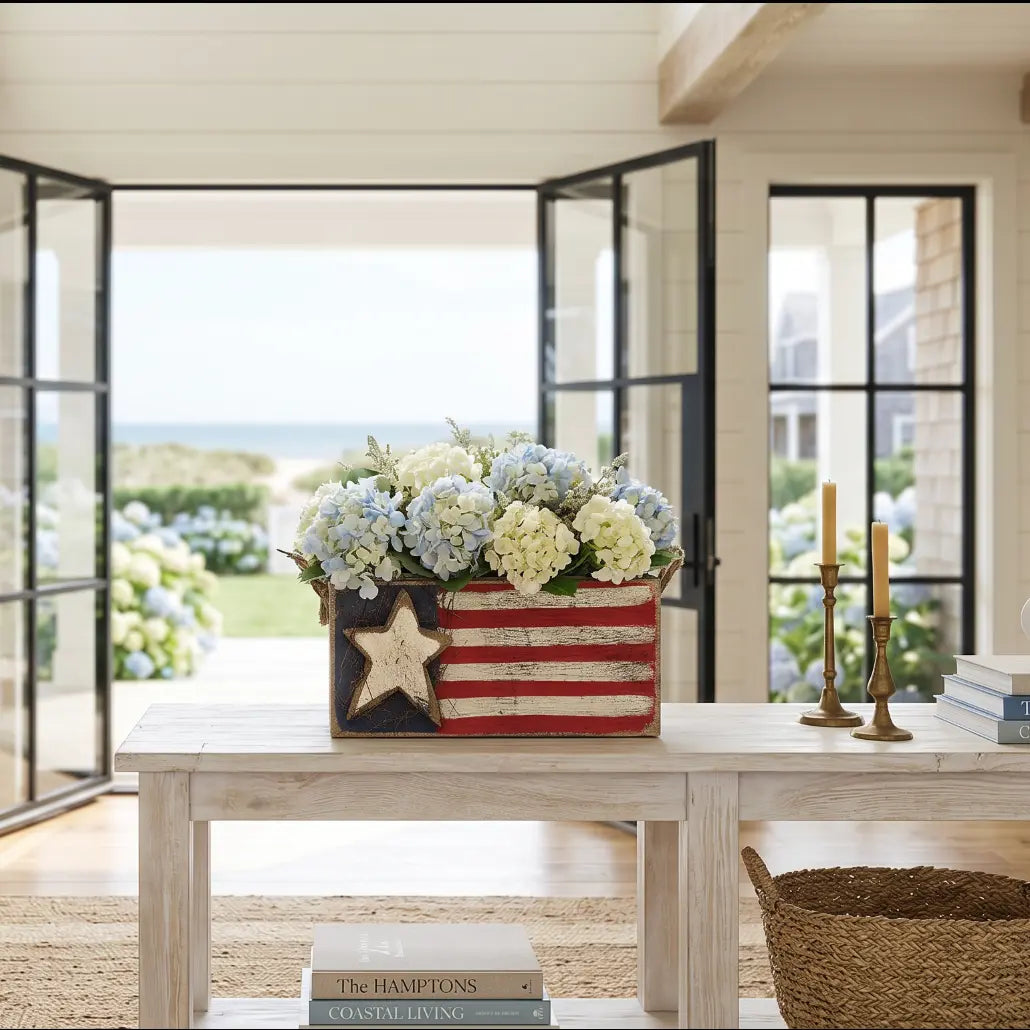 American flag storage box styled as Americana decor on a shelf