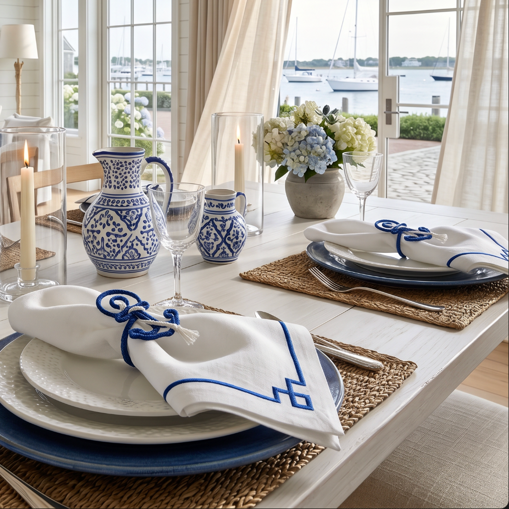 Anchor napkin ring on a folded linen napkin styled with rattan placemat and coastal dinnerware.