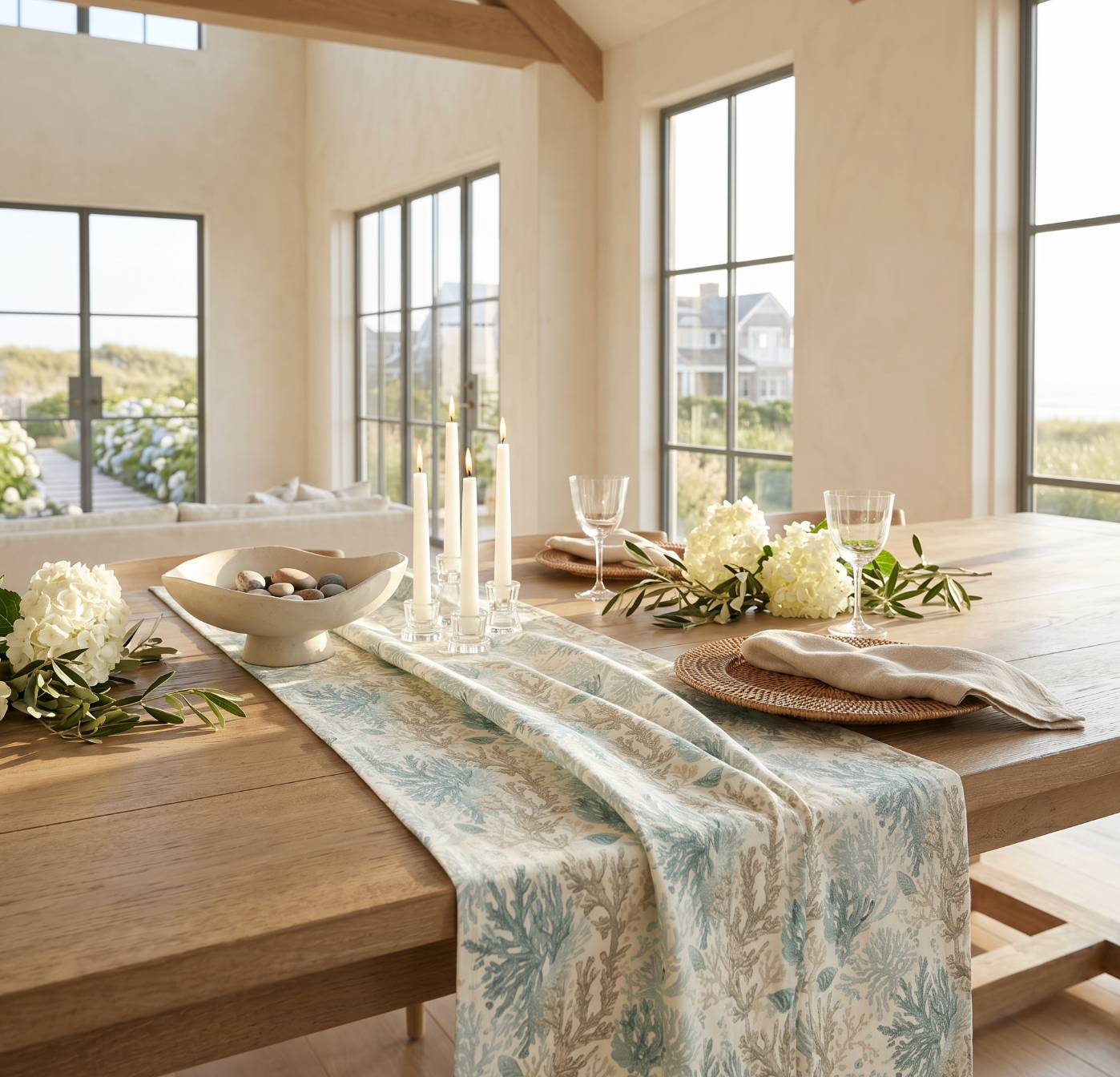 Aqua and white coastal coral table runner for beach house kitchen and dining table decor