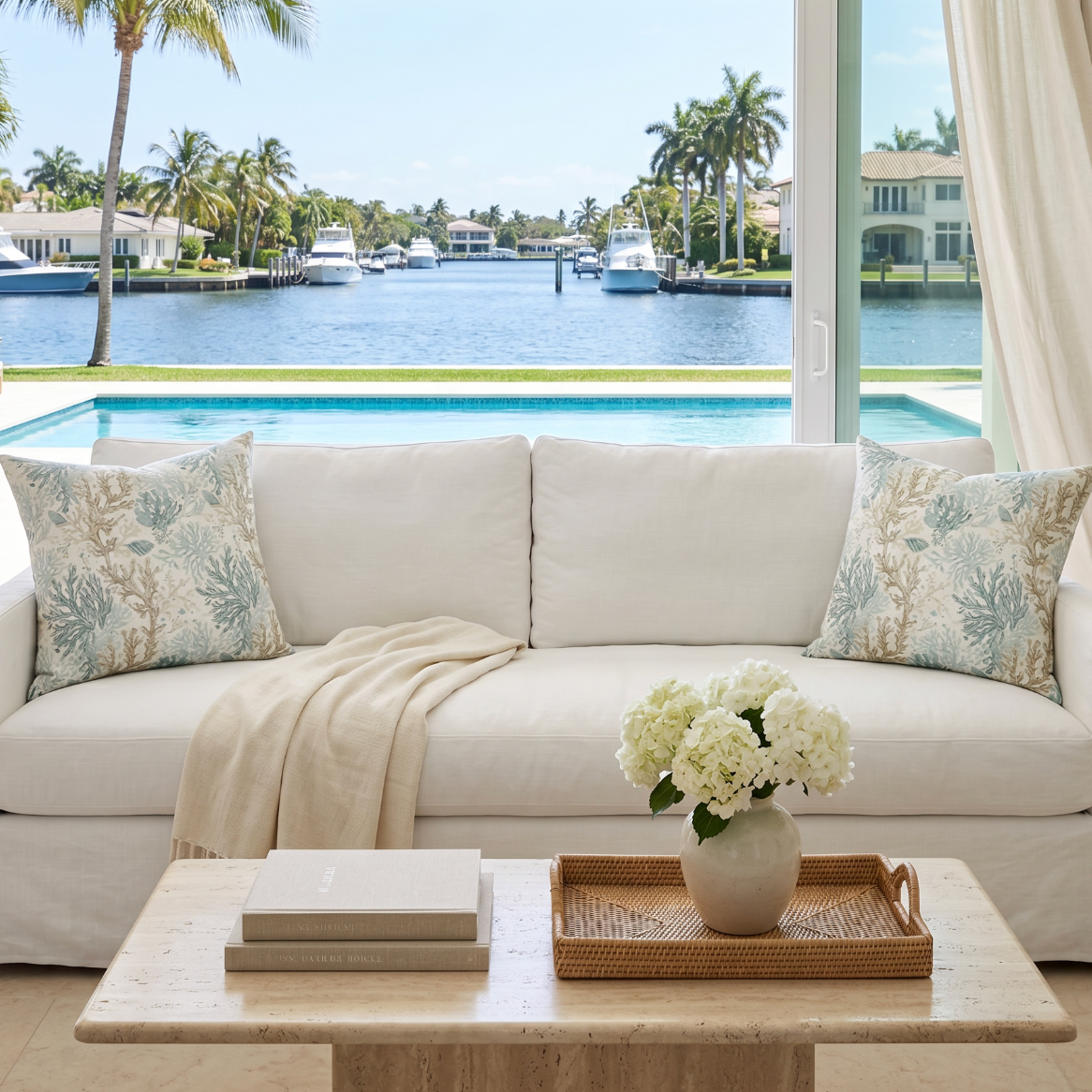 Aqua and white coral print decorative throw pillow styled on a beach house couch