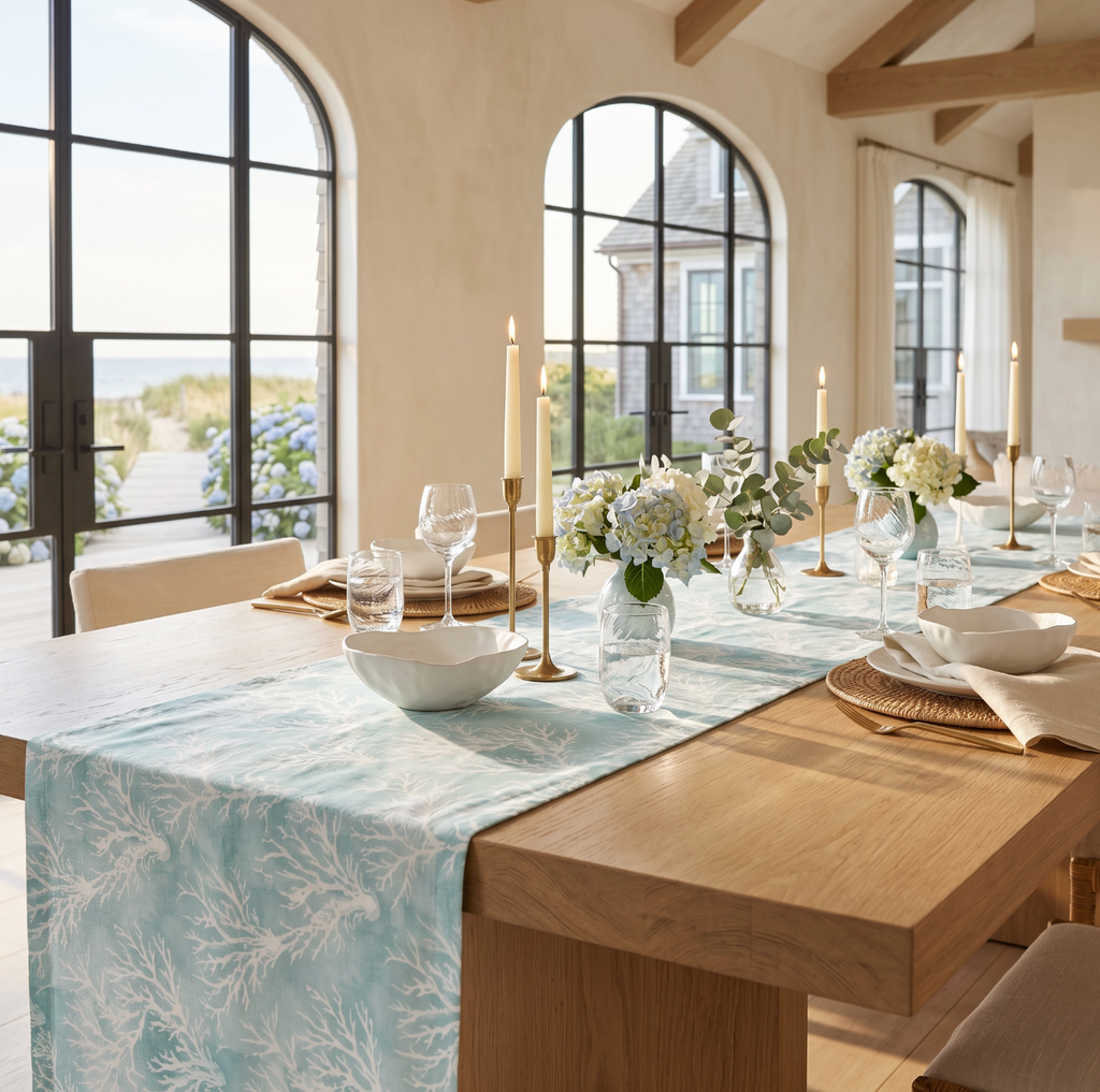 Aqua and white coral pattern table runner on a natural wood coastal dining table.