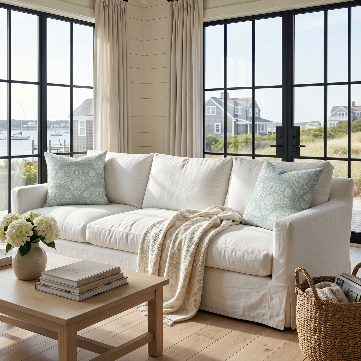 Coastal seahorse damask throw pillow used as an accent cushion on a neutral living room sofa.