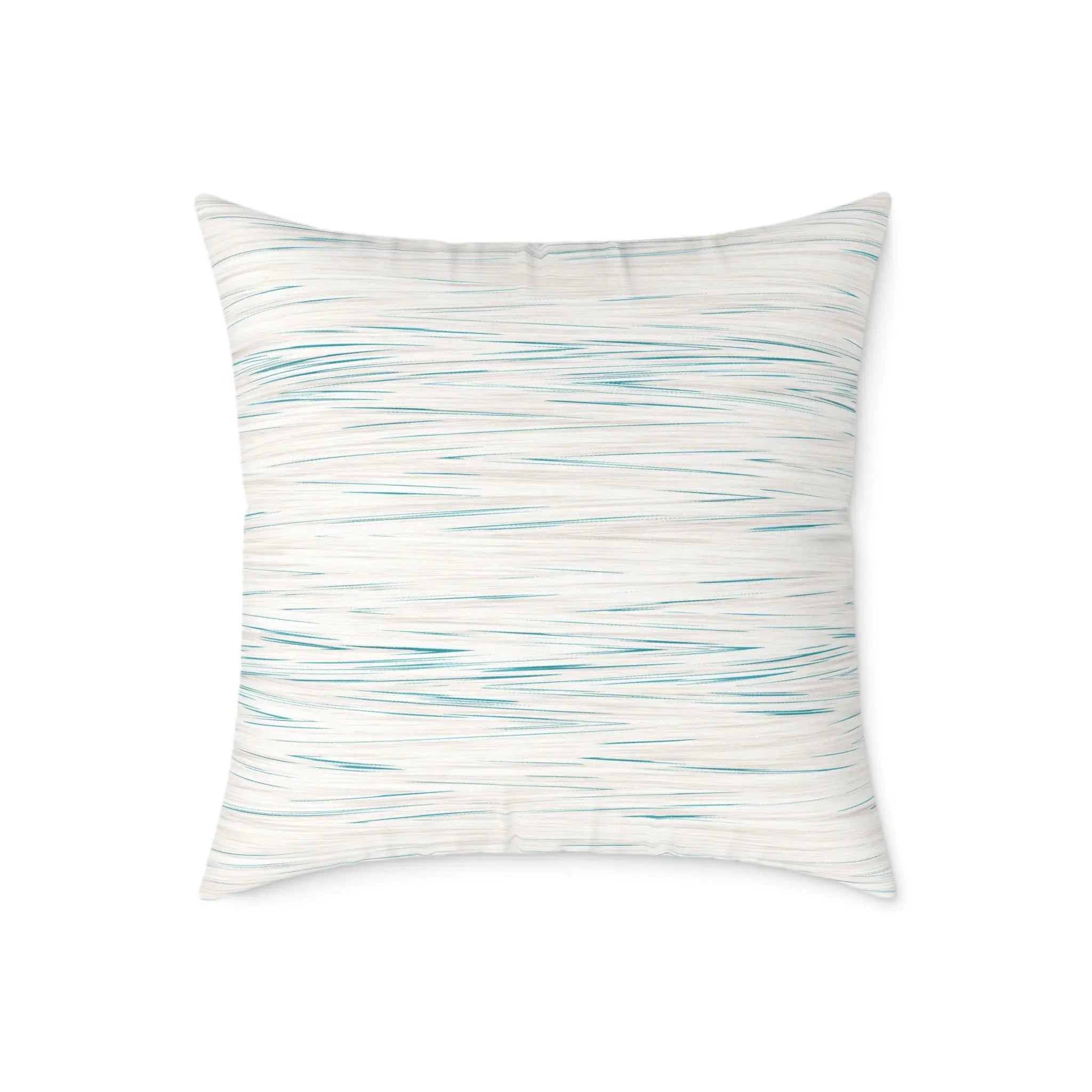 Coastal Breeze square pillow with blue watercolor stripes on a light linen-like poly canvas cover.