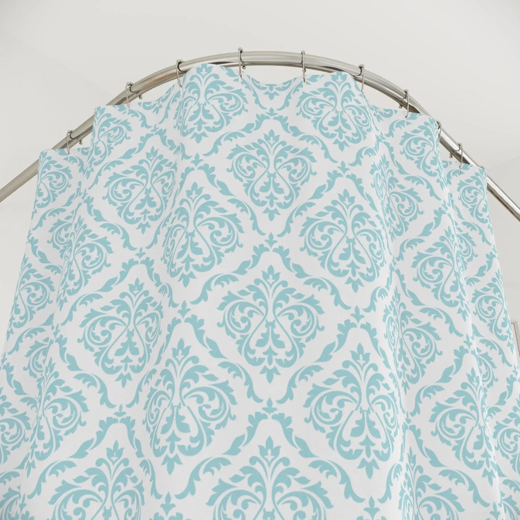 Coastal aqua patterned shower curtain with classic damask design