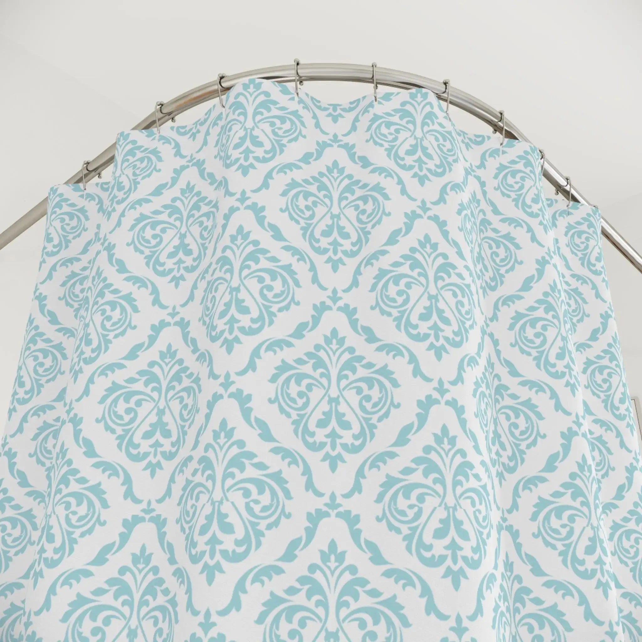 Coastal aqua patterned shower curtain with classic damask design
