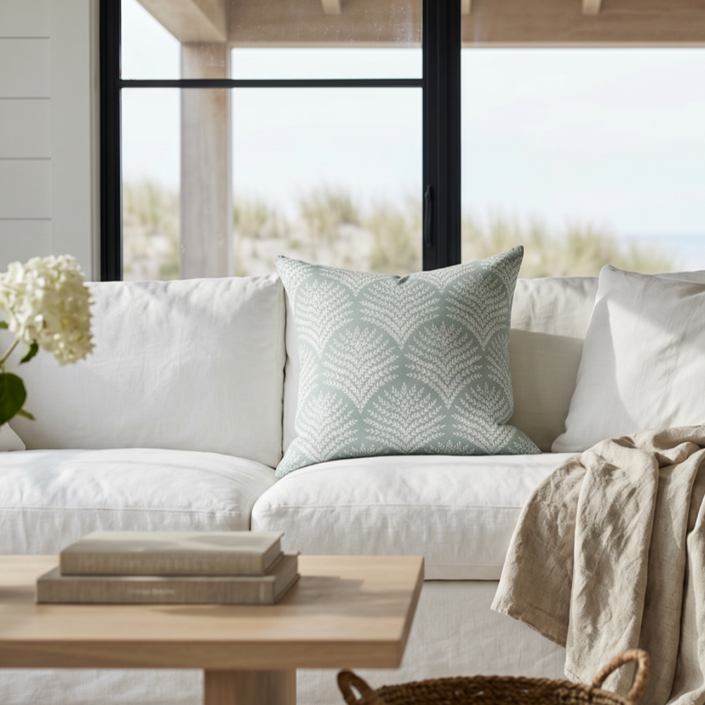  aqua botanical leaf pattern throw pillow cover for coastal couch and sofa decor