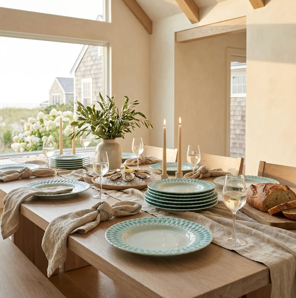 Aqua ceramic dinner plate from a set of 6 styled on a coastal dining table.
