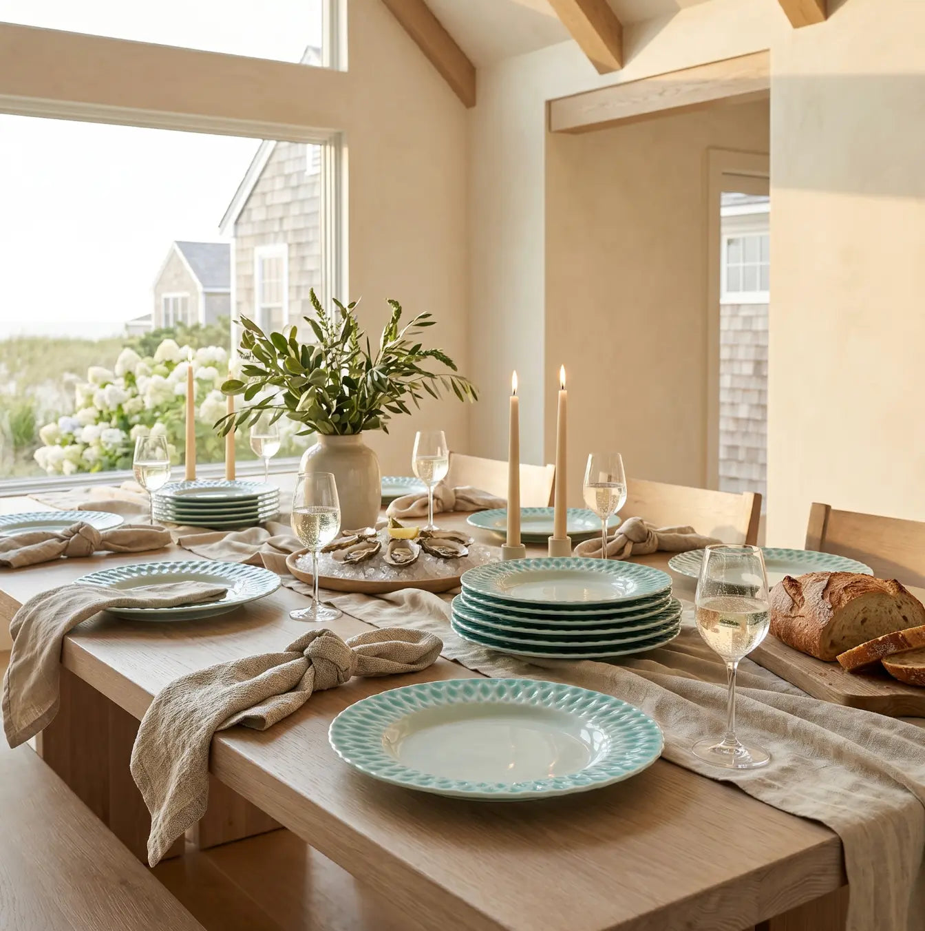 Aqua ceramic dinner plate from a set of 6 styled on a coastal dining table.
