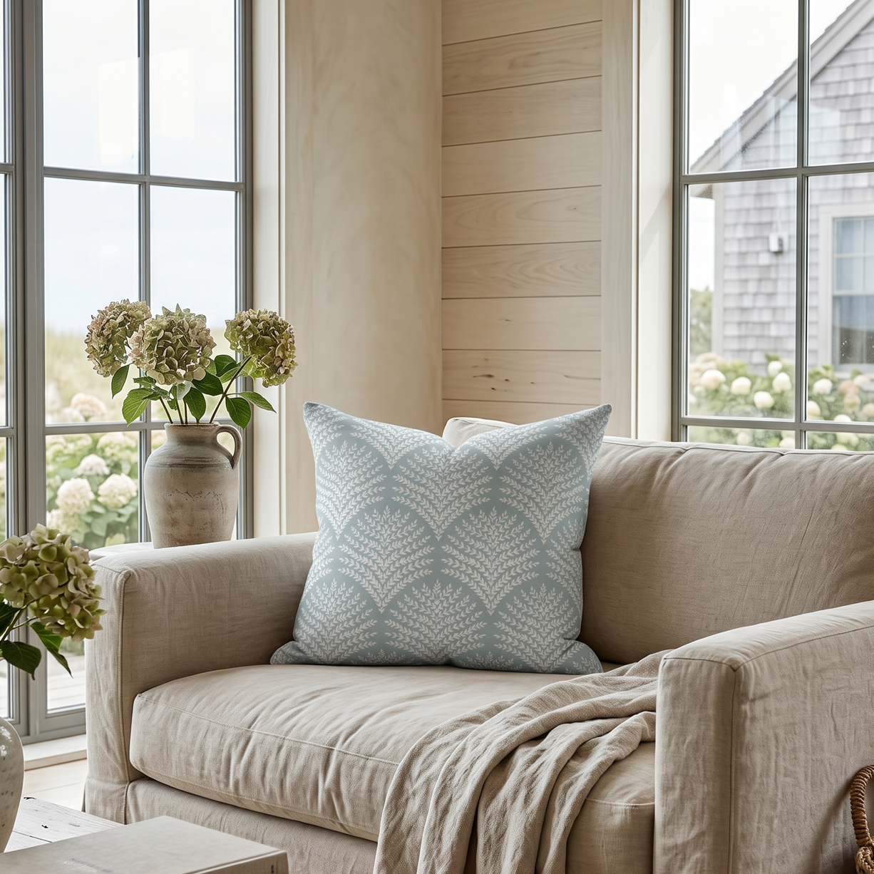 Aqua and white leaf print square throw pillow cover for modern coastal living room and bedroom decor