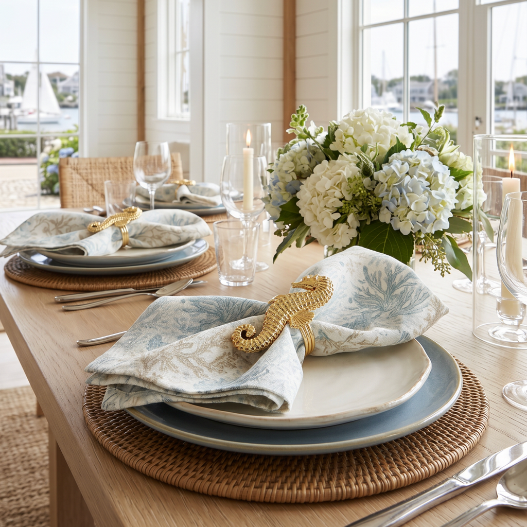 Ocean inspired aqua coral motif linen dinner napkins used for relaxed coastal entertaining