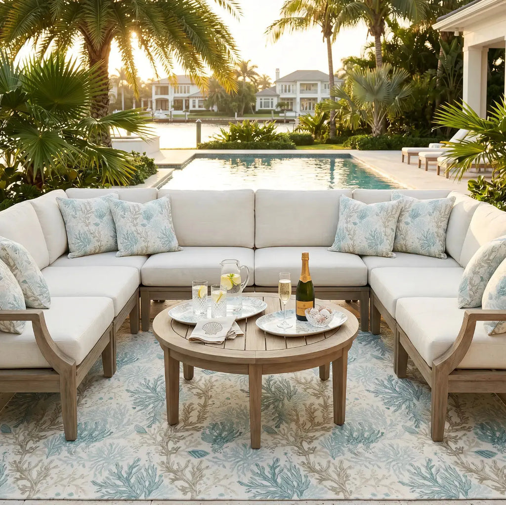 Aqua coastal outdoor rug with sand-inspired pattern and clean hemmed edges