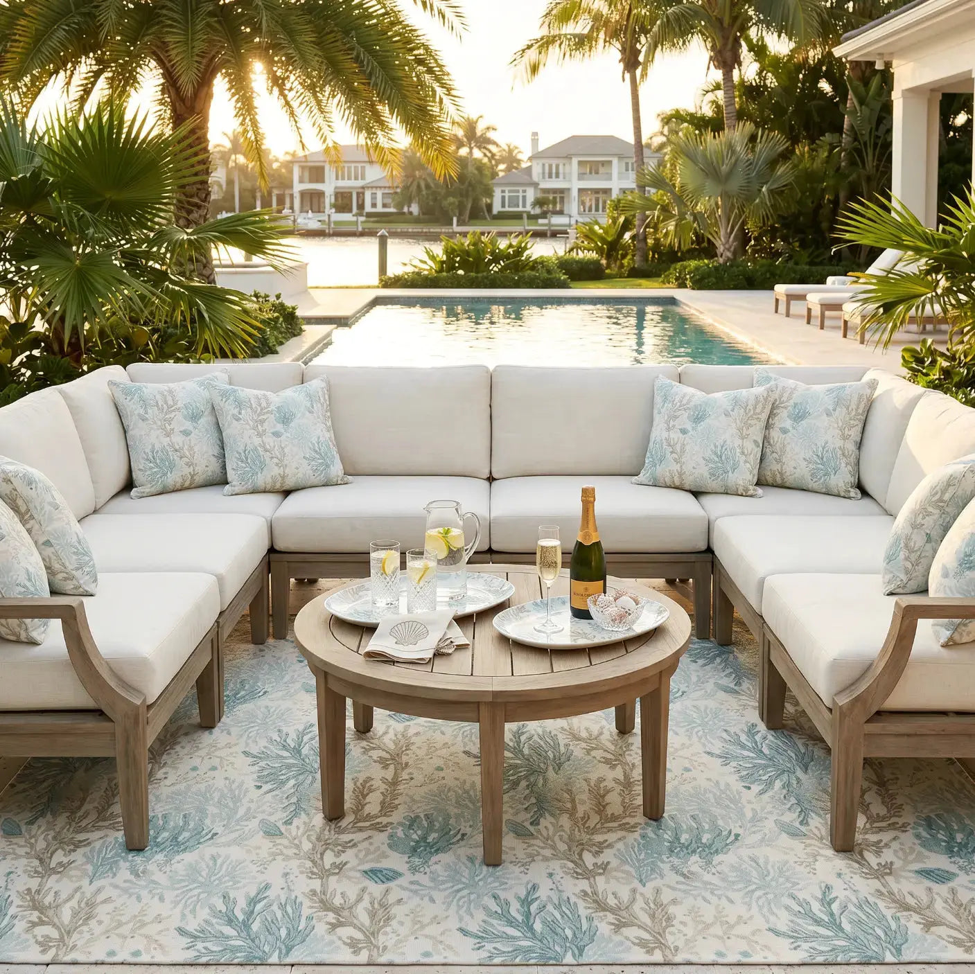 Aqua coastal outdoor rug with sand-inspired pattern and clean hemmed edges
