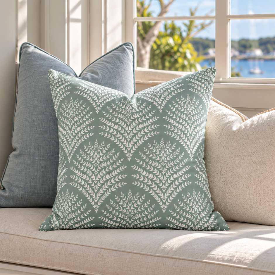 Aqua coastal throw pillow with a subtle repeating pattern inspired by seashells.