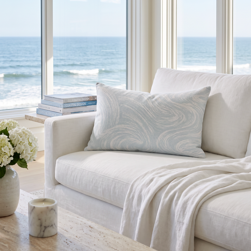 Aqua coastal wave print lumbar pillow for modern beach house style and relaxed sofa layering.