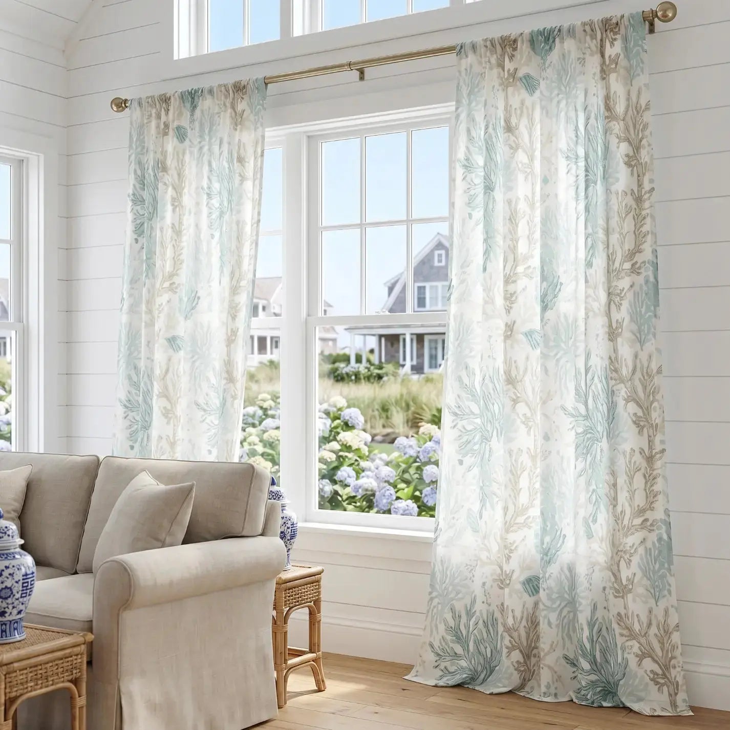 Aqua coral coastal sheer curtains with coral reef pattern for beach house windows