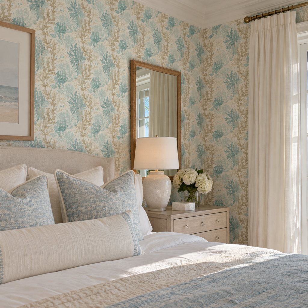 Aqua coral coastal wallpaper featuring a decorative ocean-inspired coral motif.