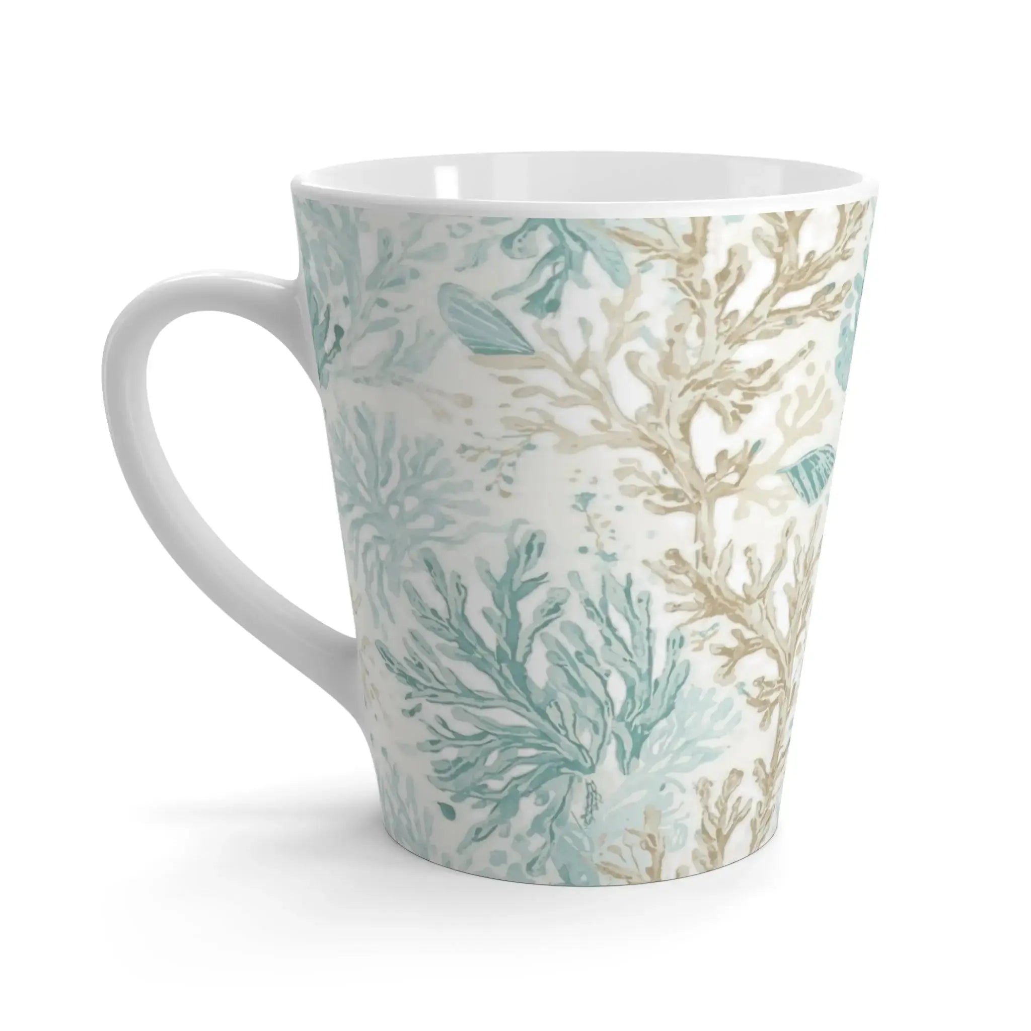 Side view of aqua coral coffee mug showing handle and reef design