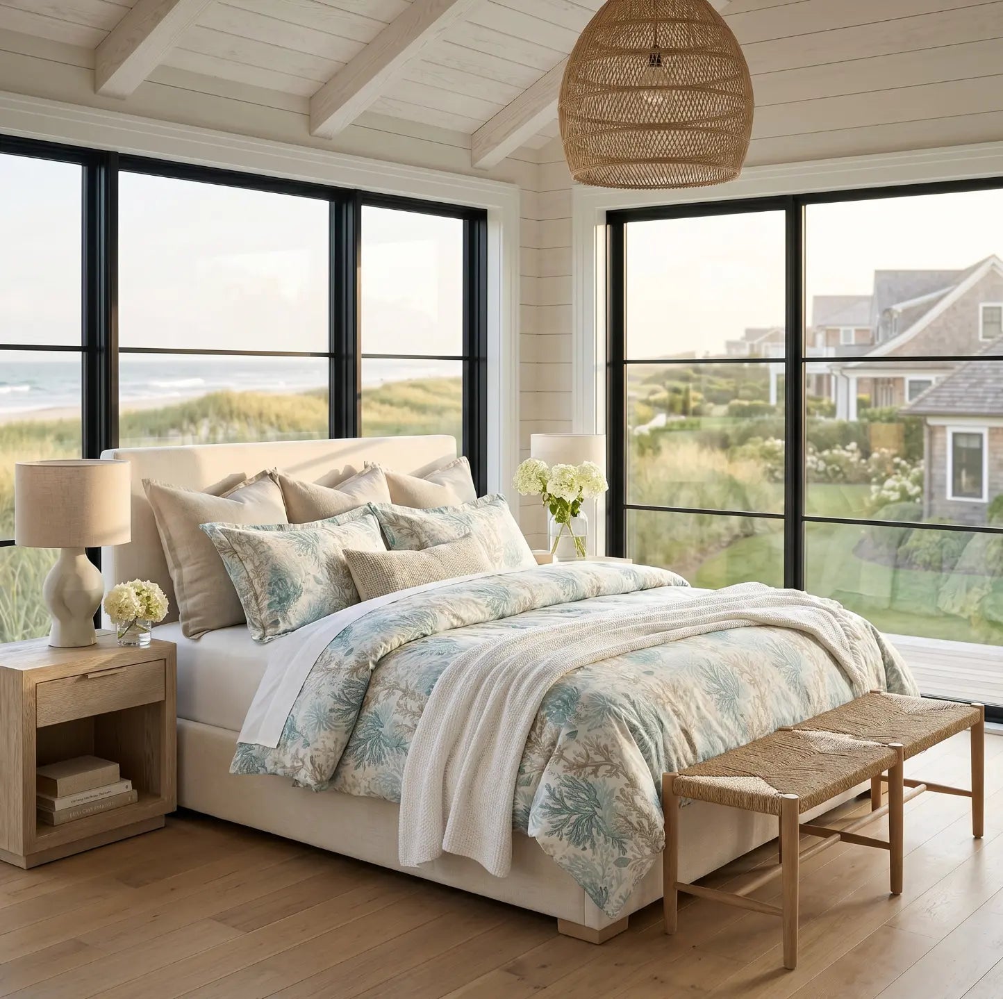Aqua coral comforter on a bed with white sheets in a coastal beach house bedroom