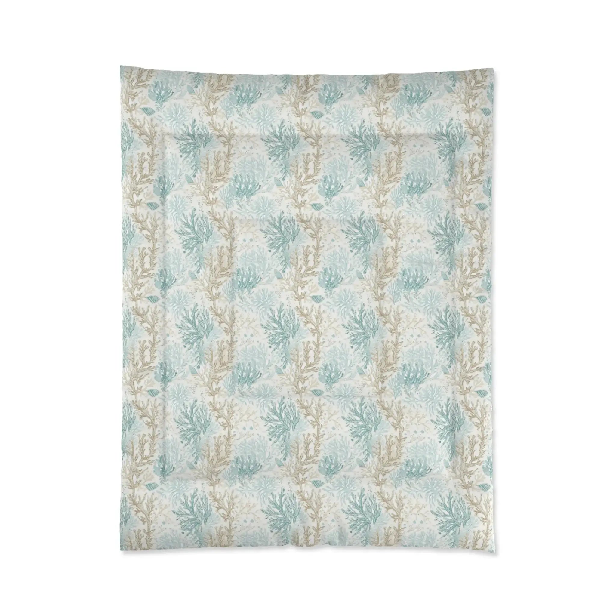 Closeup of aqua coral pattern on soft coastal comforter set.