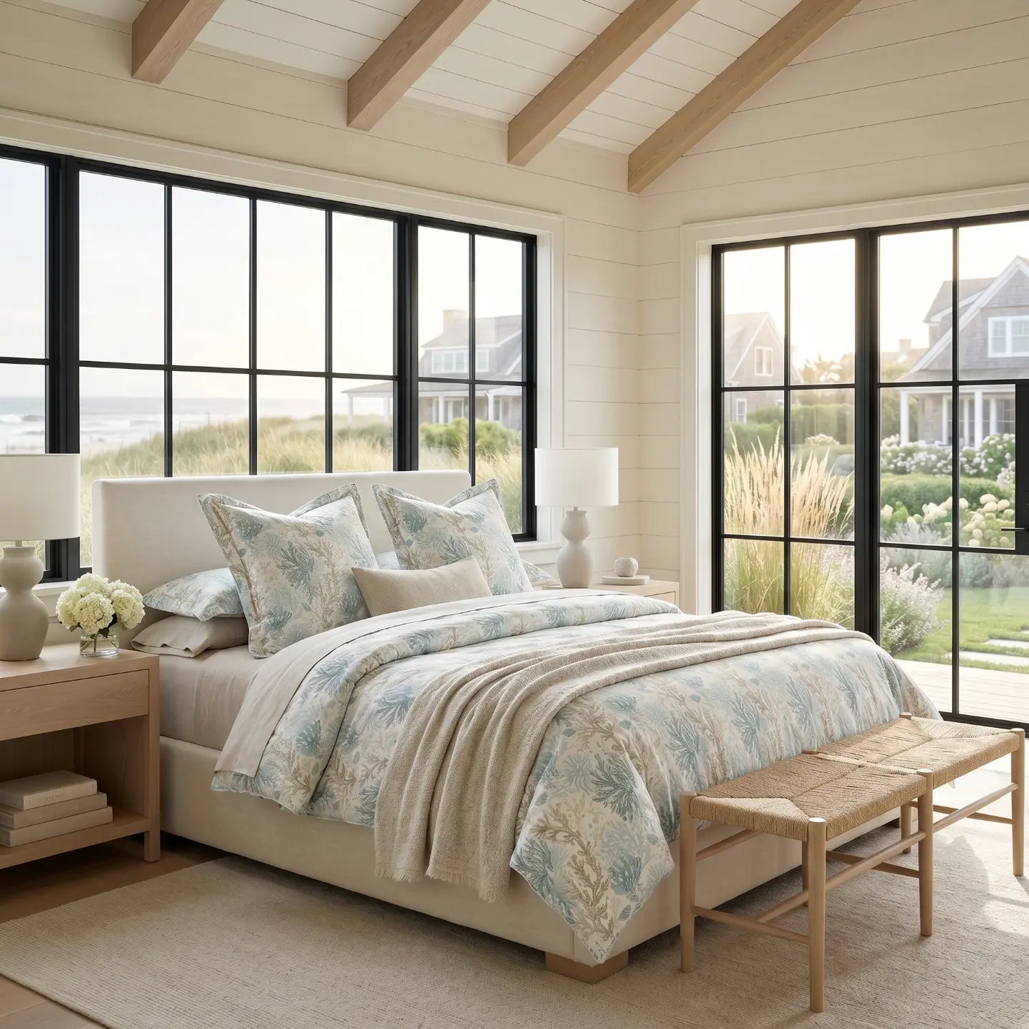 Aqua coral pattern comforter styled in an ocean-inspired seaside bedroom.