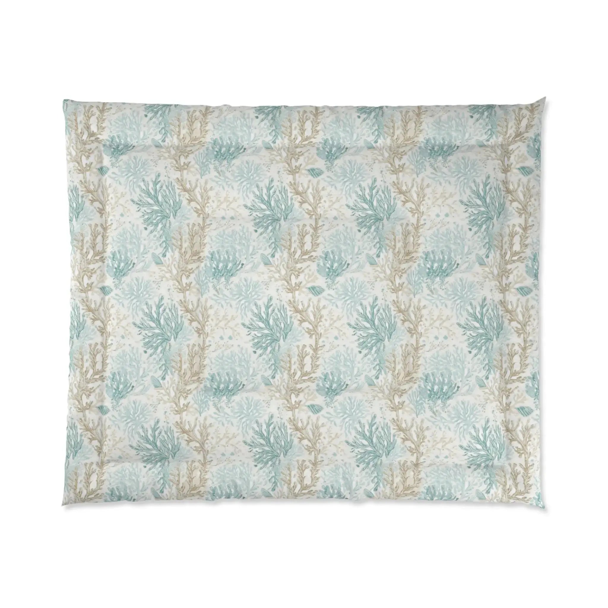 Aqua coral comforter on a bed in a bright seaside guest room with simple decor