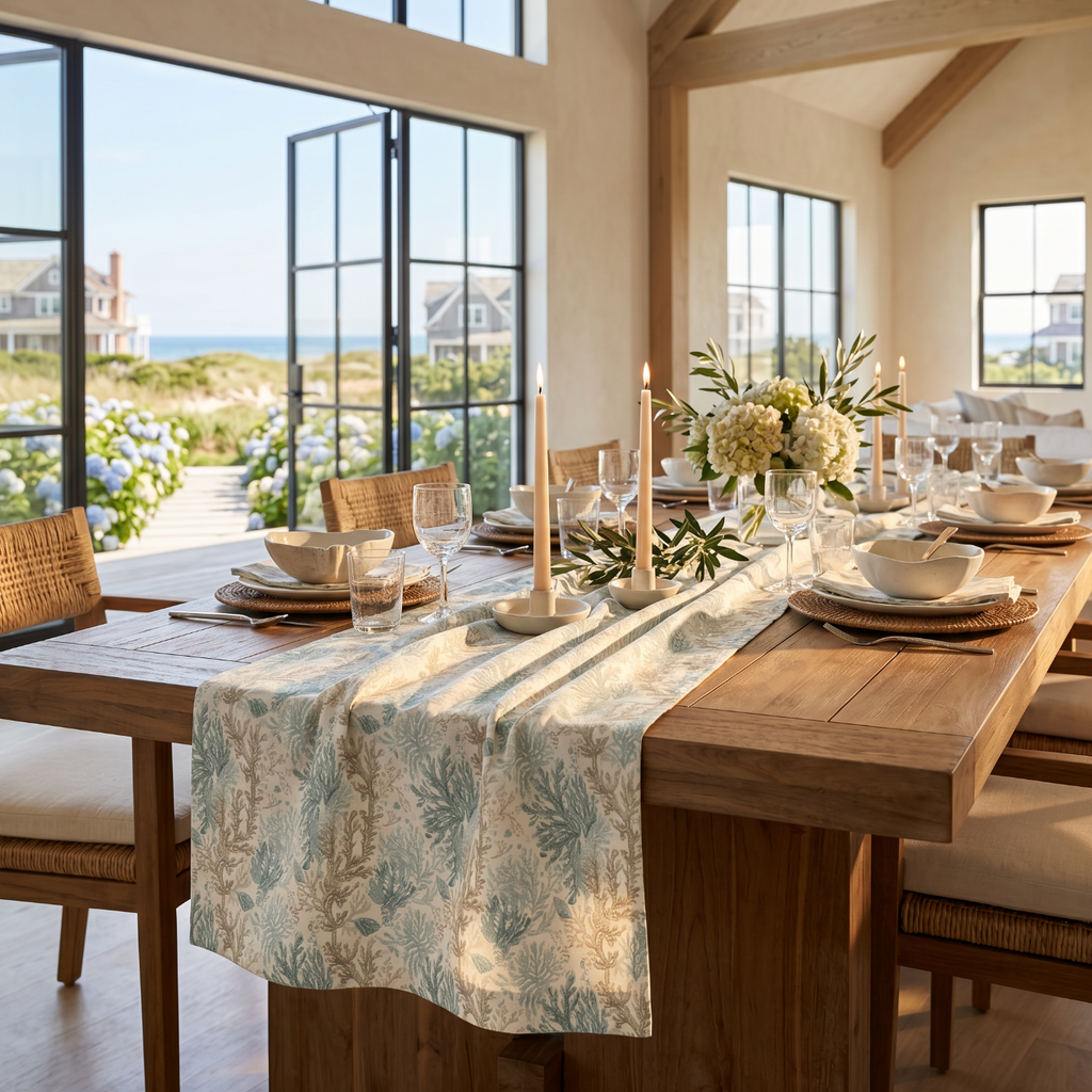 Aqua coral motif table runner with neutral place settings for nautical and beach themed decor