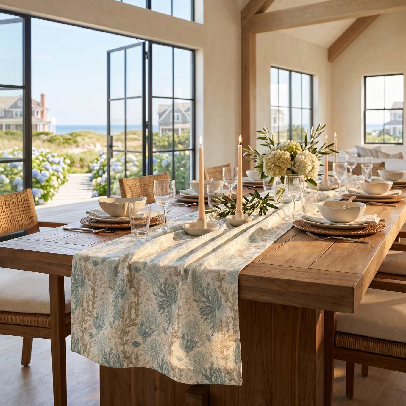 Aqua coral motif table runner with neutral place settings for nautical and beach themed decor