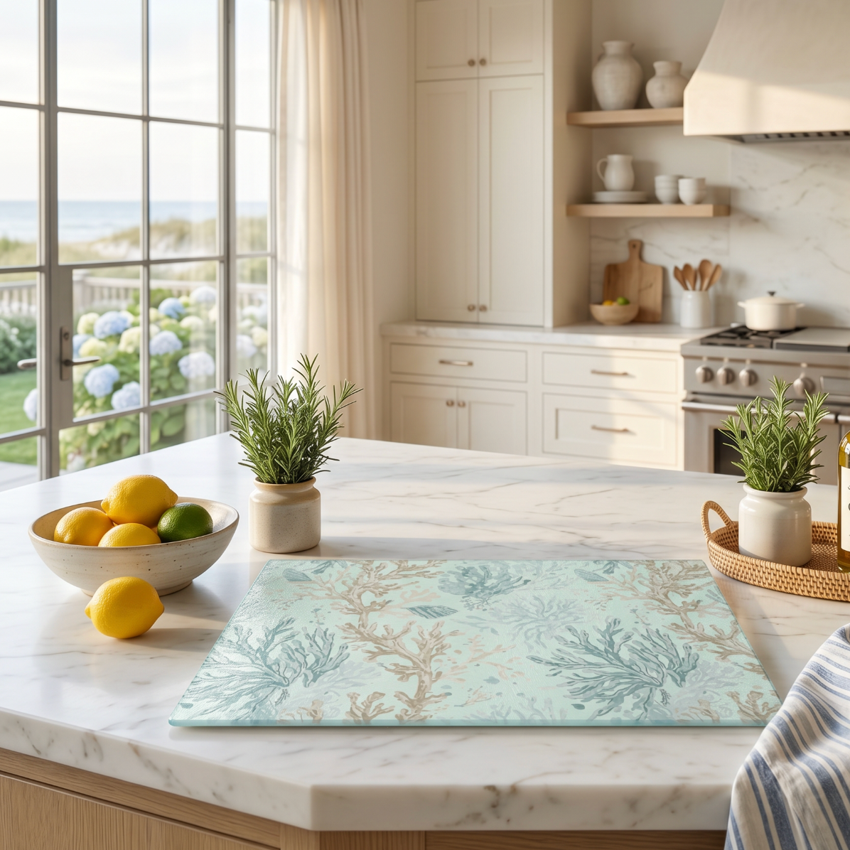 Aqua coral glass cutting board and serving board used as an ocean inspired cheese and charcuterie tray on a coastal table