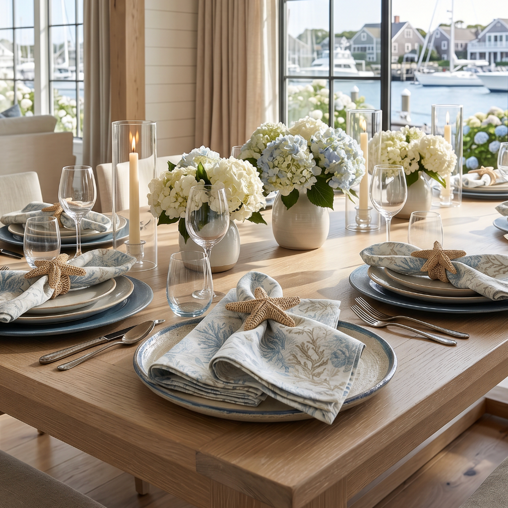 Set of 4 aqua coral linen dinner napkins folded on a coastal beach house dining table.